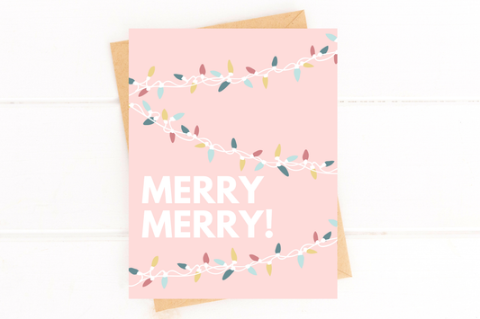 Cute Pink Holiday Card Merry Merry Christmas Card Girlie
